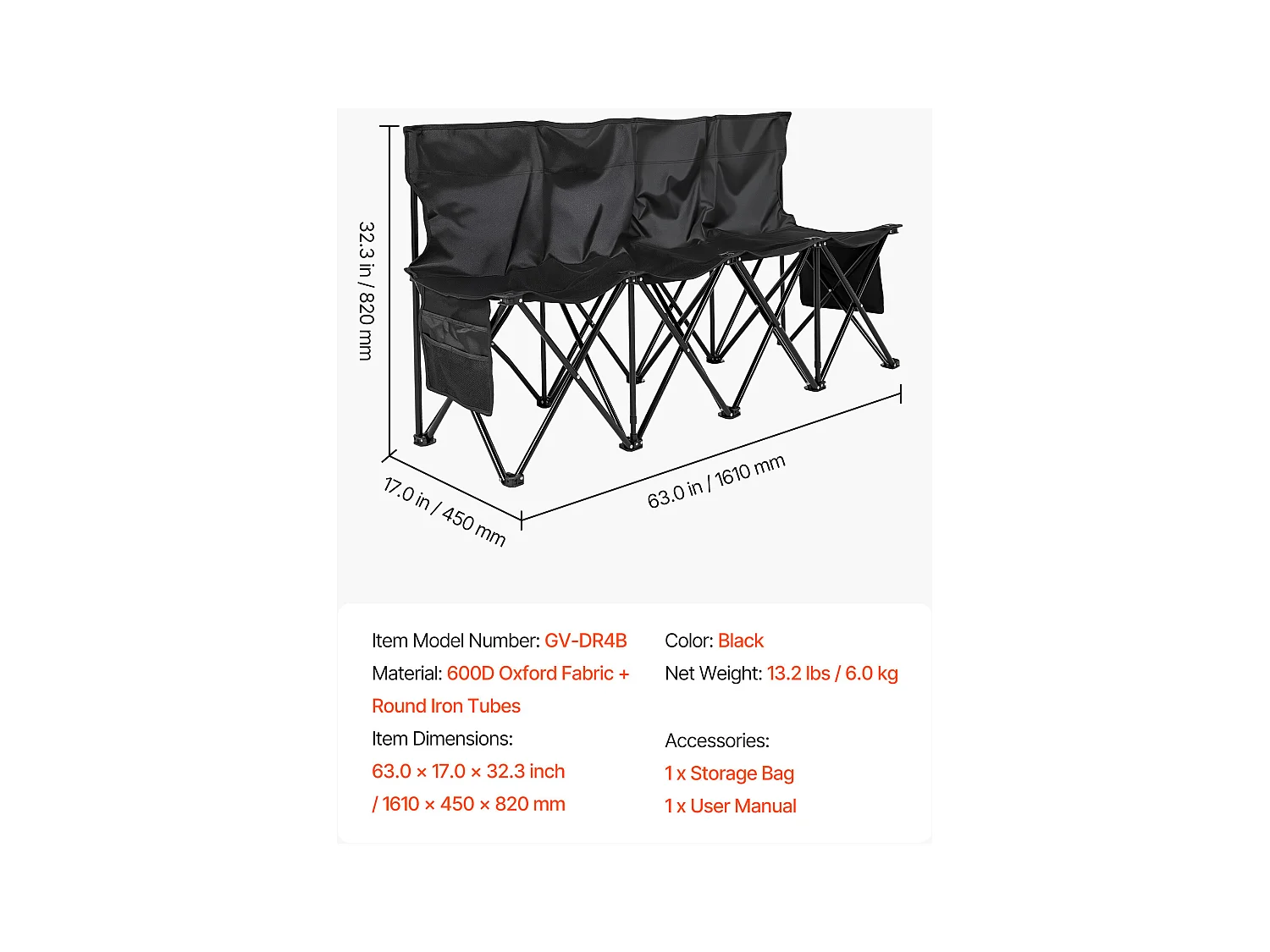 Składana Ławka SucceBuy, Przenośna, 4-osobowa, Składana Ławka Kempingowa z Kieszeniami do Przechowywania i Torbą Transportową, do Imprez Plenerowych, Czarna