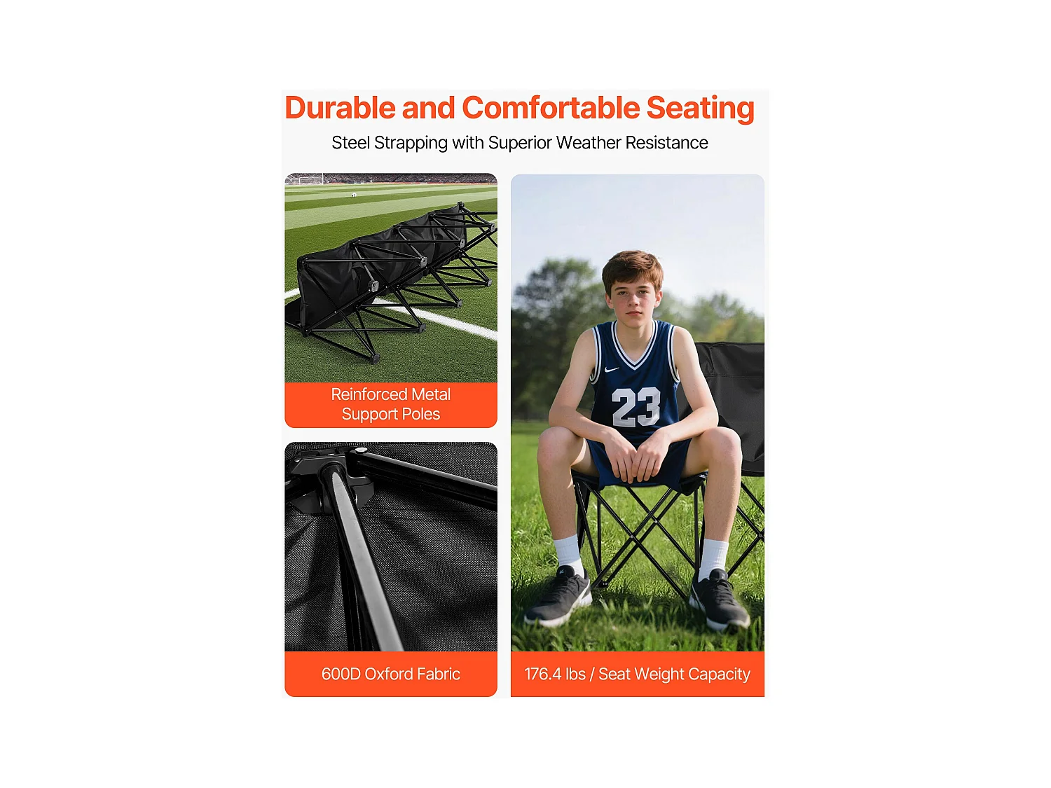 Składana Ławka SucceBuy, Przenośna, 4-osobowa, Składana Ławka Kempingowa z Kieszeniami do Przechowywania i Torbą Transportową, do Imprez Plenerowych, Czarna