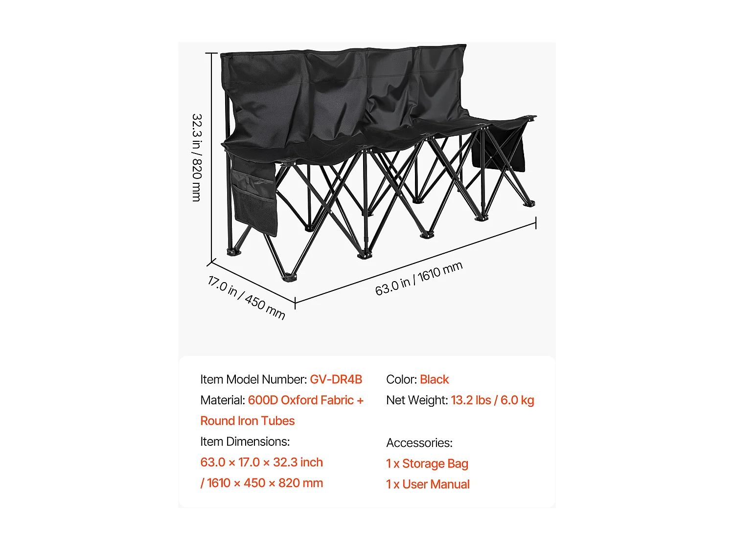 Banc Pliant SucceBuy, Portable à 4 Places, Banc de Camping Pliable avec Poches de Rangement et Sac de Transport, pour Événements en Plein Air, Noir