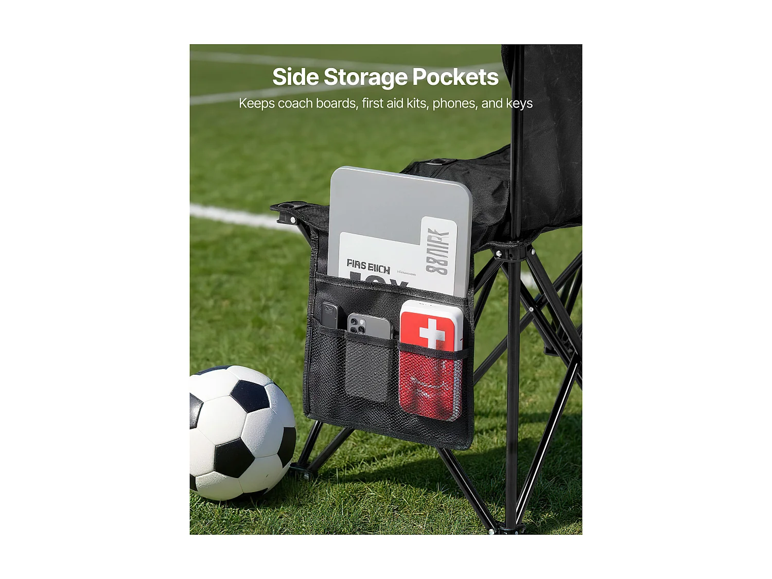 Banc Pliant SucceBuy, Portable à 4 Places, Banc de Camping Pliable avec Poches de Rangement et Sac de Transport, pour Événements en Plein Air, Noir