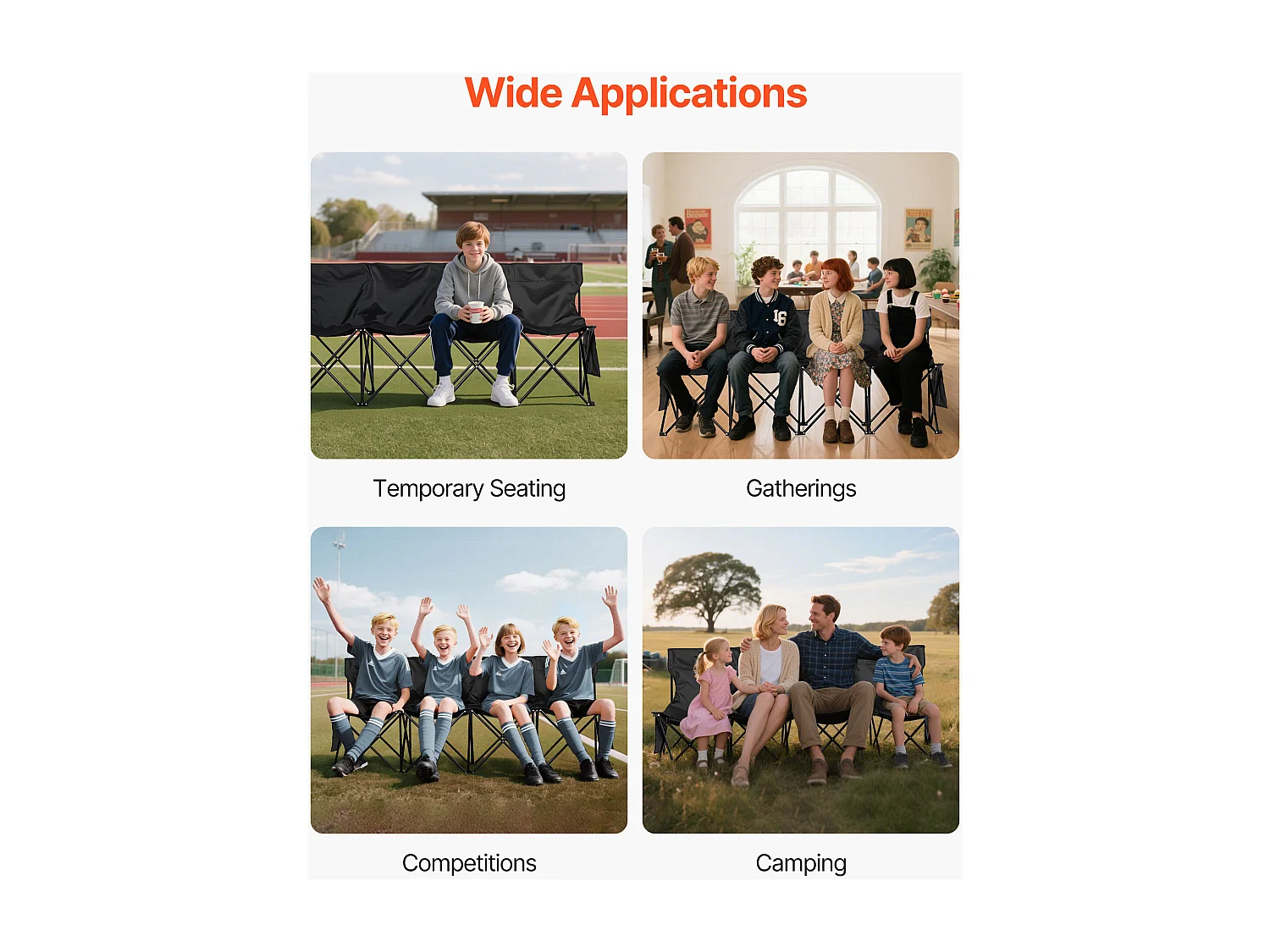 Banc Pliant SucceBuy, Portable à 4 Places, Banc de Camping Pliable avec Poches de Rangement et Sac de Transport, pour Événements en Plein Air, Noir