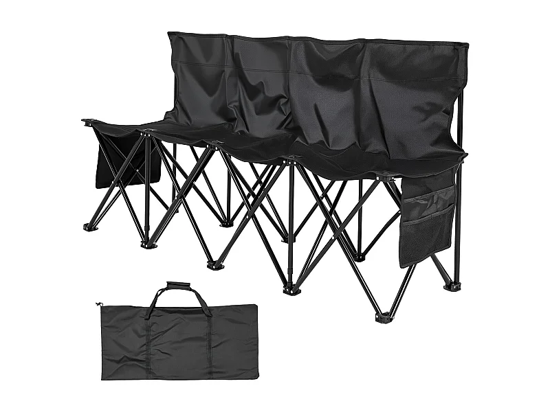 Banc Pliant SucceBuy, Portable à 4 Places, Banc de Camping Pliable avec Poches de Rangement et Sac de Transport, pour Événements en Plein Air, Noir