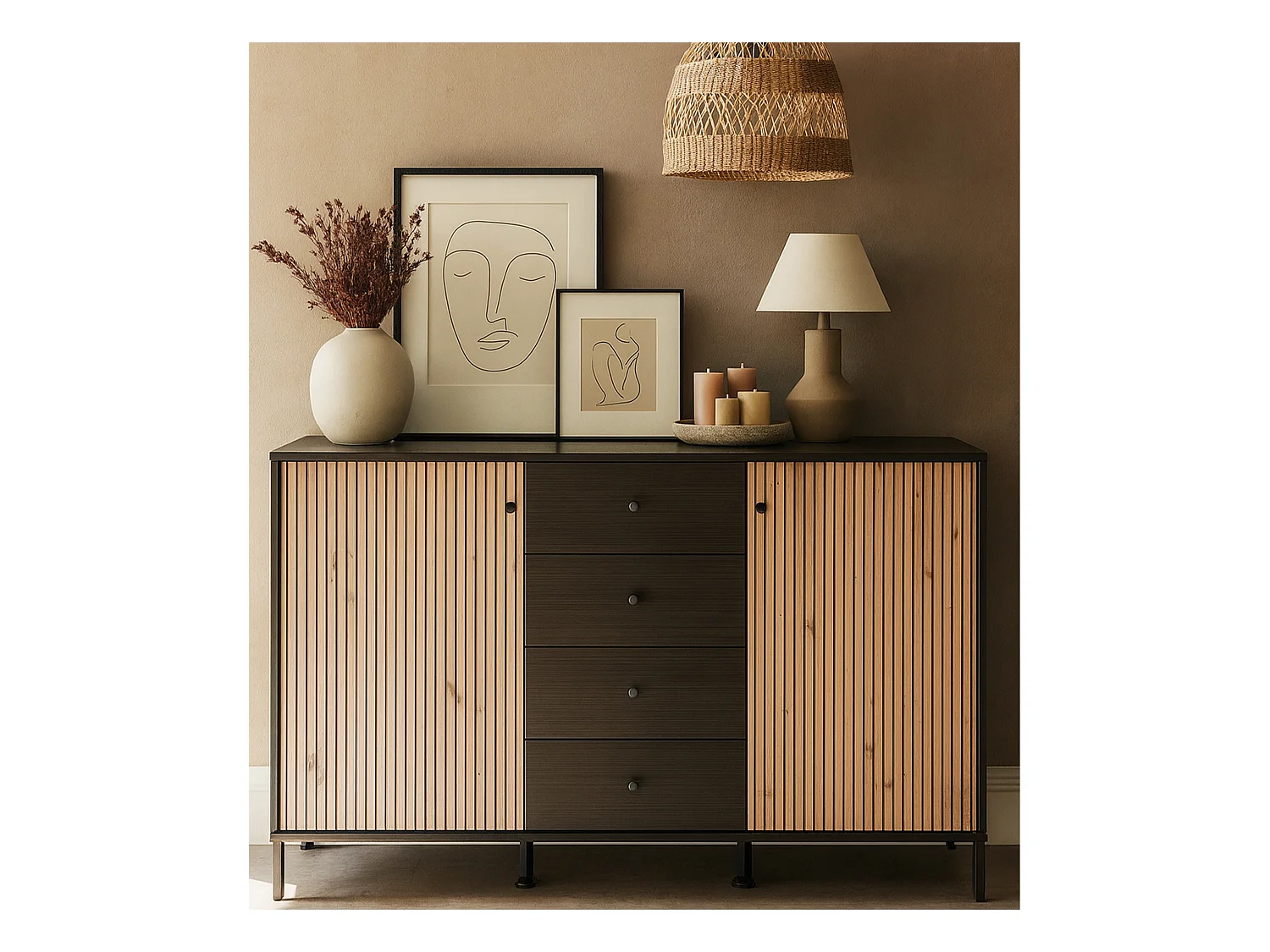 Aparador de 93x157x40 cm melamina y frentes alistonados color ébano y roble artisan Tania