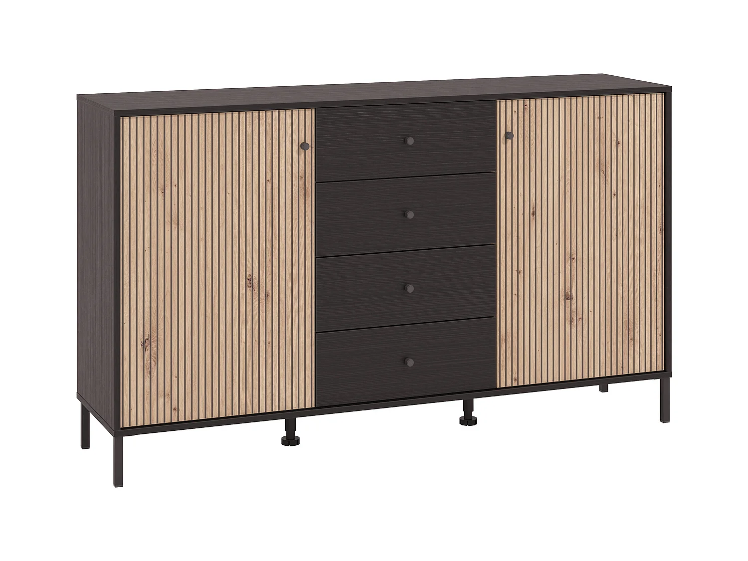 Aparador de 93x157x40 cm melamina y frentes alistonados color ébano y roble artisan Tania