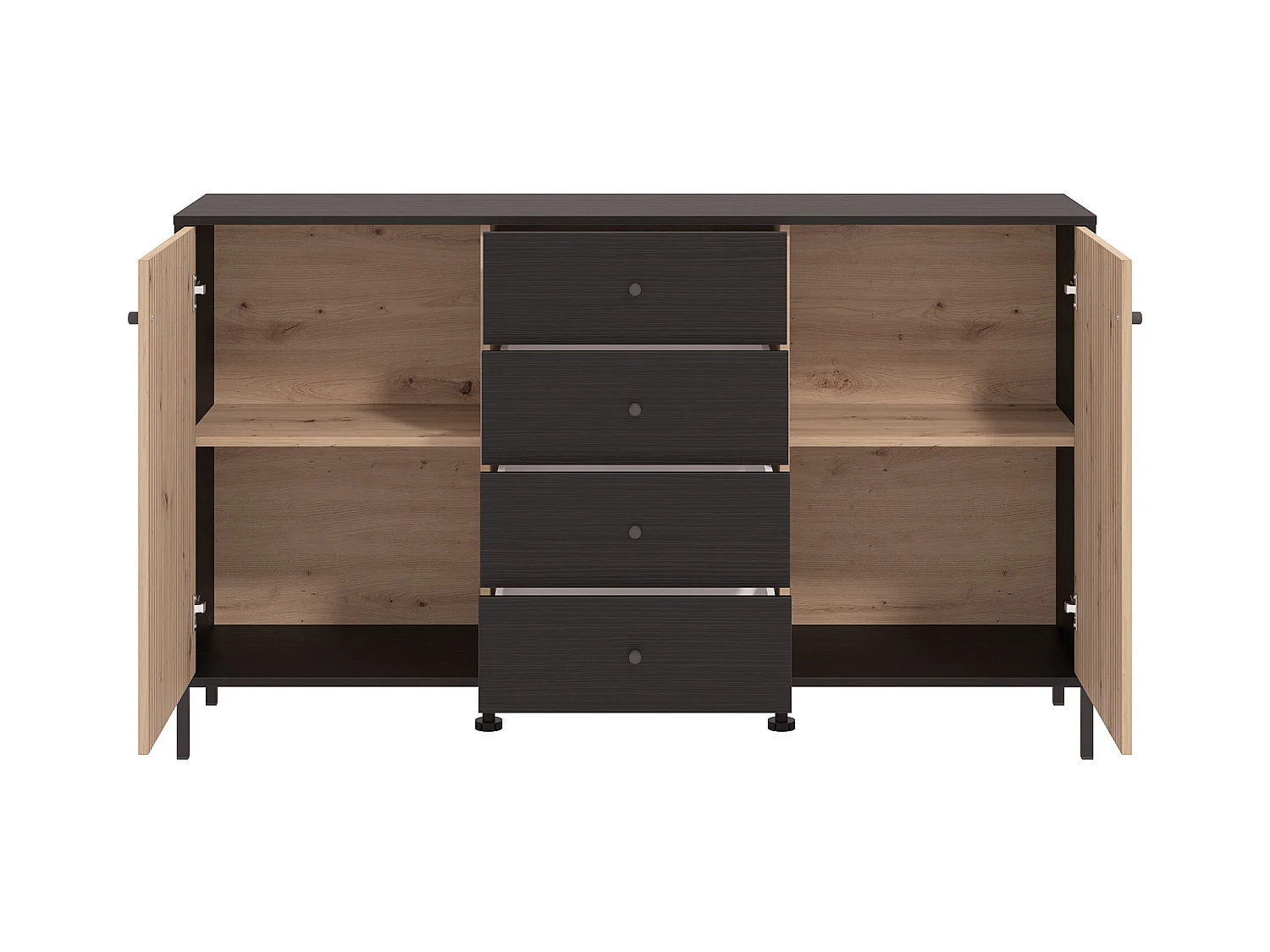 Aparador de 93x157x40 cm melamina y frentes alistonados color ébano y roble artisan Tania
