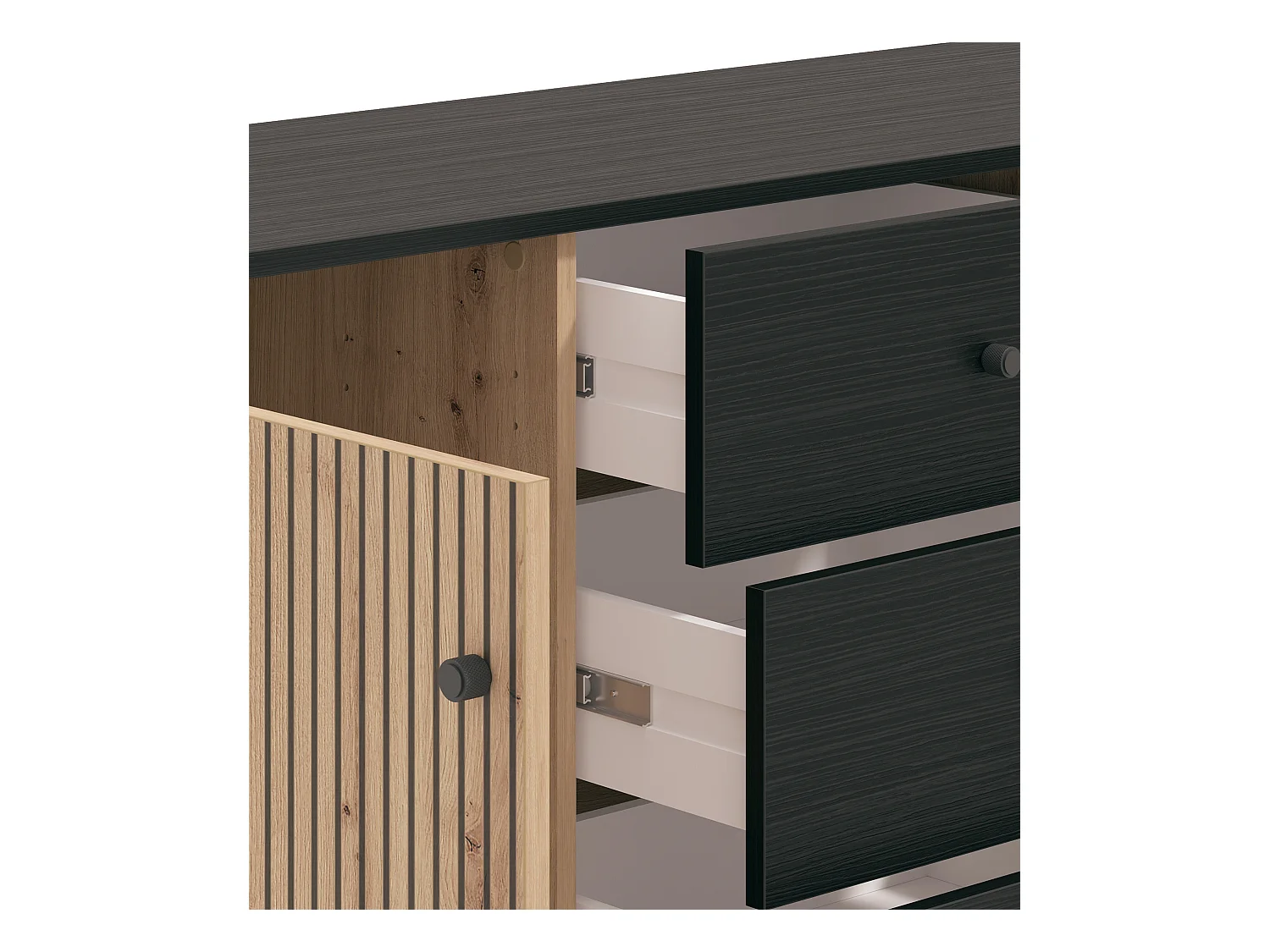 Aparador de 93x157x40 cm melamina y frentes alistonados color ébano y roble artisan Tania