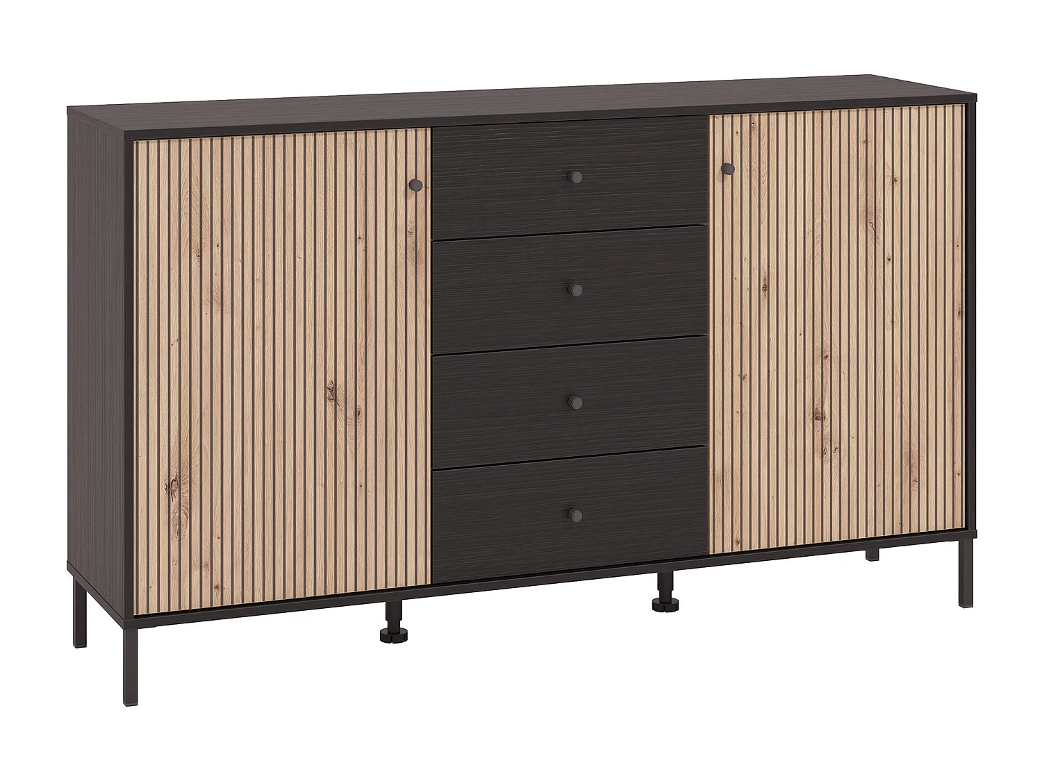 Aparador de 93x157x40 cm melamina y frentes alistonados color ébano y roble artisan Tania