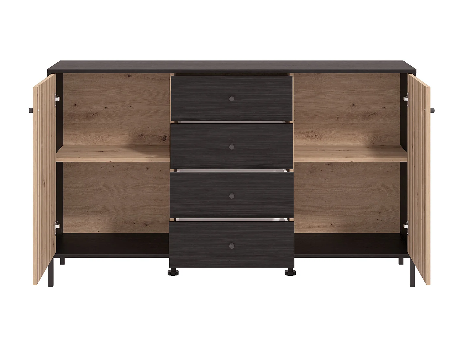 Aparador de 93x157x40 cm melamina y frentes alistonados color ébano y roble artisan Tania