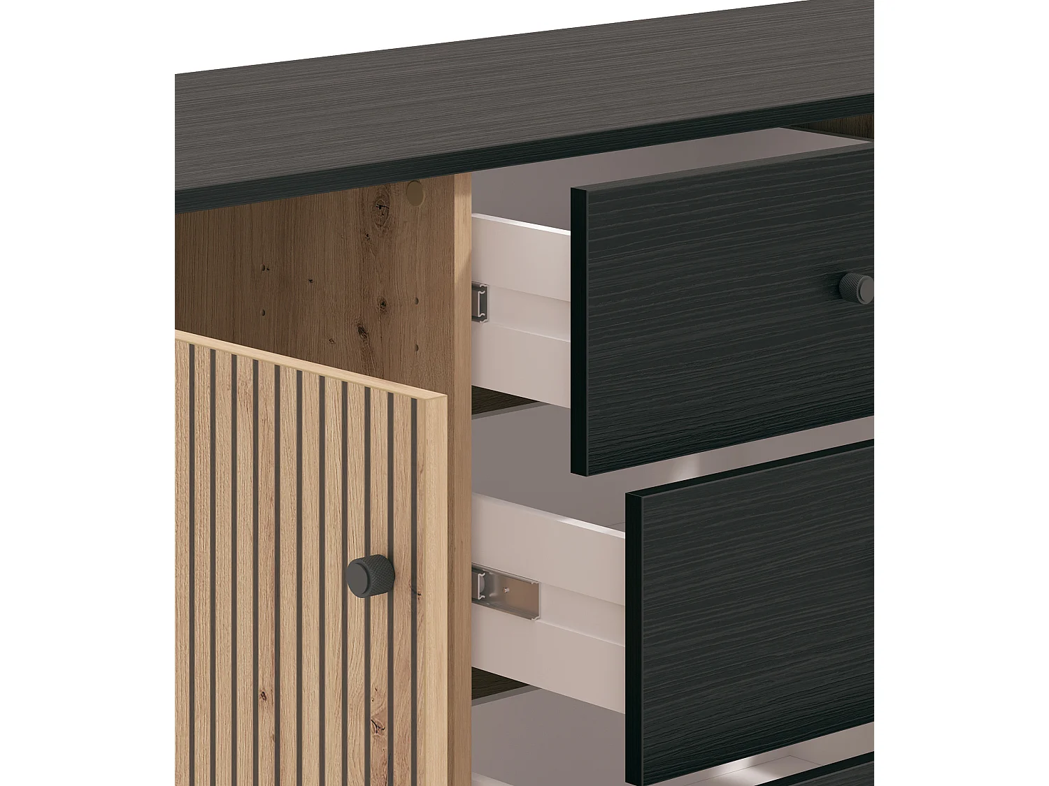Aparador de 93x157x40 cm melamina y frentes alistonados color ébano y roble artisan Tania