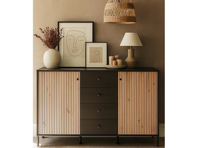 Aparador de 93x157x40 cm melamina y frentes alistonados color ébano y roble artisan Tania