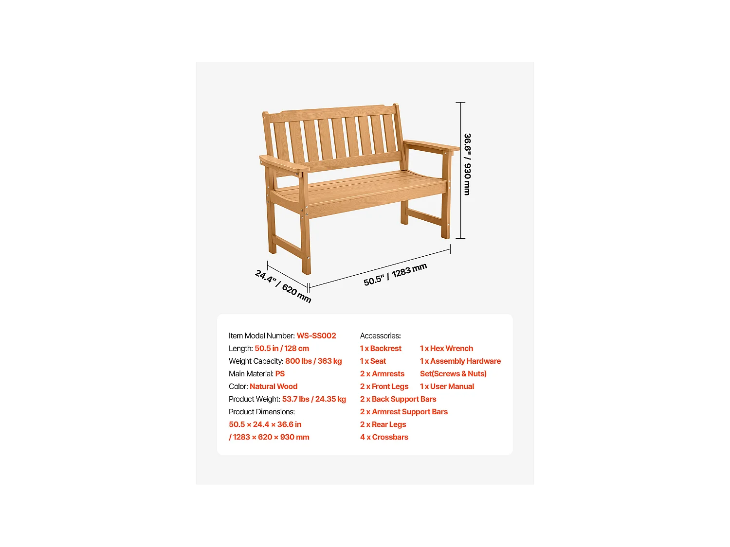 Banc de Jardin SucceBuy 128 cm, Banquette d'Extérieur en Plastique, Capacité de Charge 363 kg, Résistant aux Intempéries avec Dossier et Accoudoirs Larges