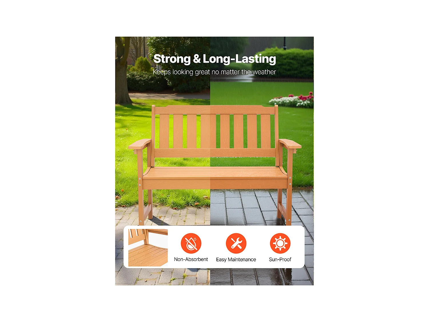 Banc de Jardin SucceBuy 128 cm, Banquette d'Extérieur en Plastique, Capacité de Charge 363 kg, Résistant aux Intempéries avec Dossier et Accoudoirs Larges