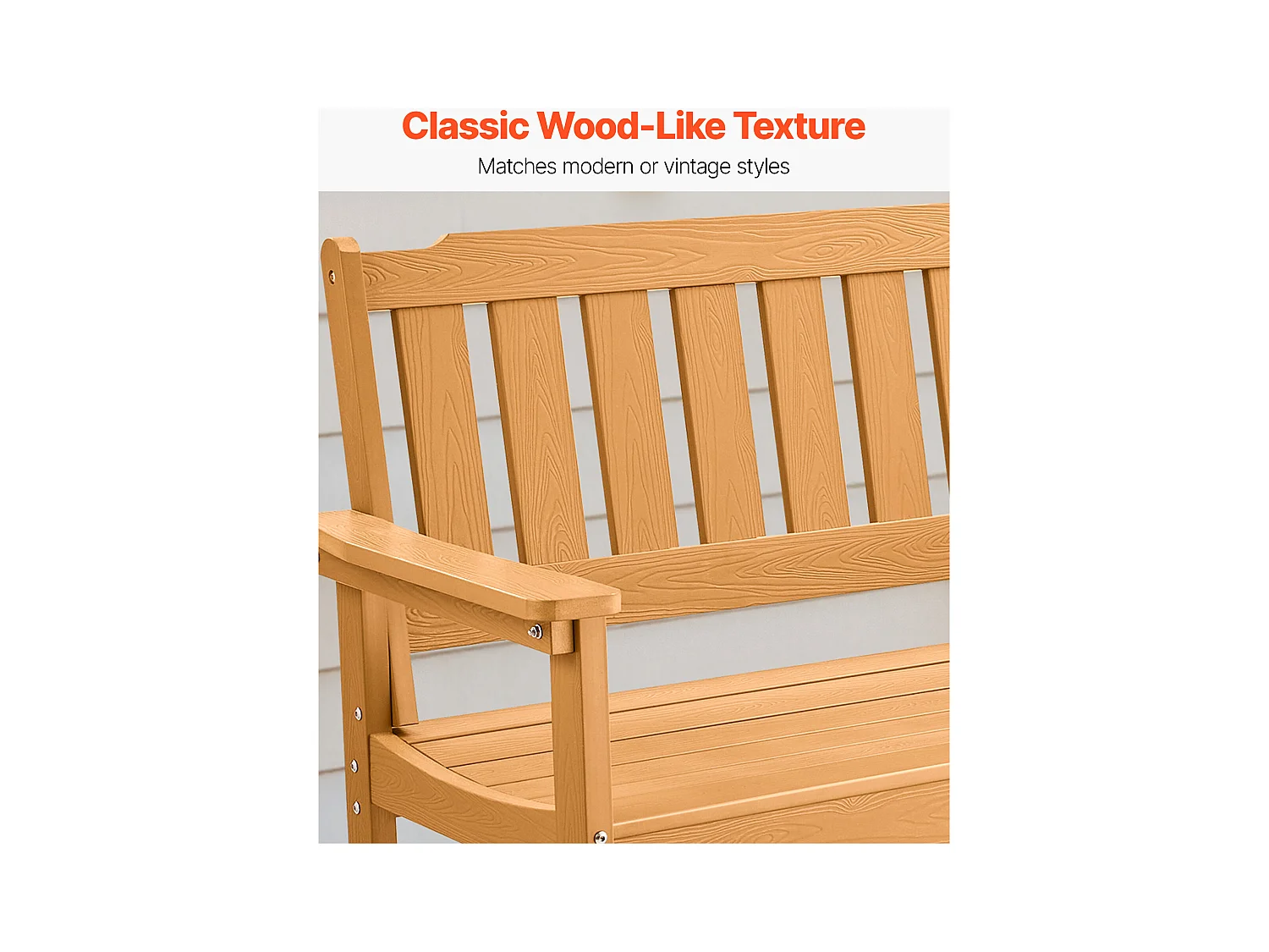 Banc de Jardin SucceBuy 128 cm, Banquette d'Extérieur en Plastique, Capacité de Charge 363 kg, Résistant aux Intempéries avec Dossier et Accoudoirs Larges