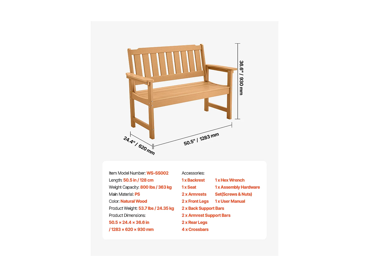 Banc de Jardin SucceBuy 128 cm, Banquette d'Extérieur en Plastique, Capacité de Charge 363 kg, Résistant aux Intempéries avec Dossier et Accoudoirs Larges