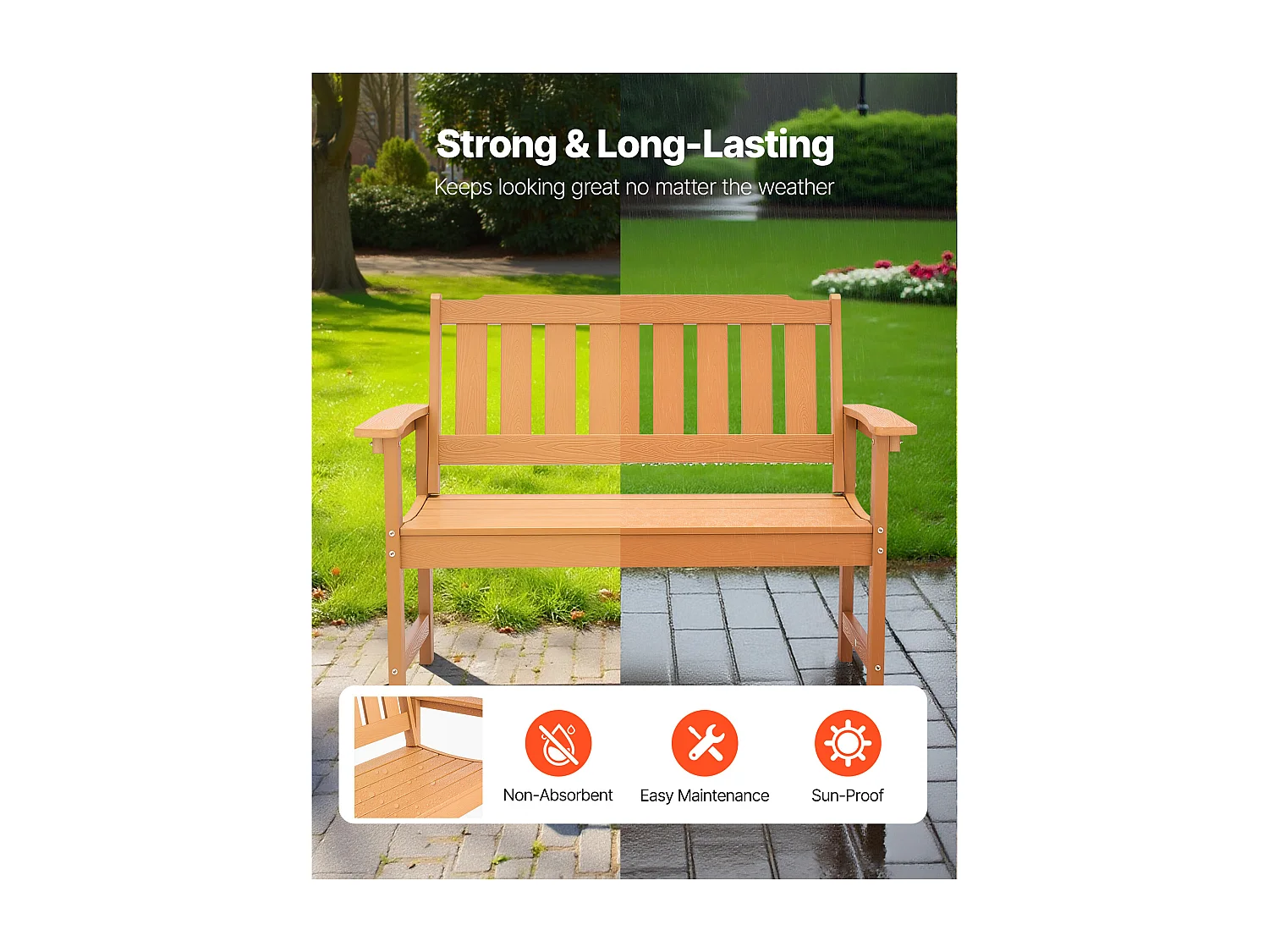 Banc de Jardin SucceBuy 128 cm, Banquette d'Extérieur en Plastique, Capacité de Charge 363 kg, Résistant aux Intempéries avec Dossier et Accoudoirs Larges