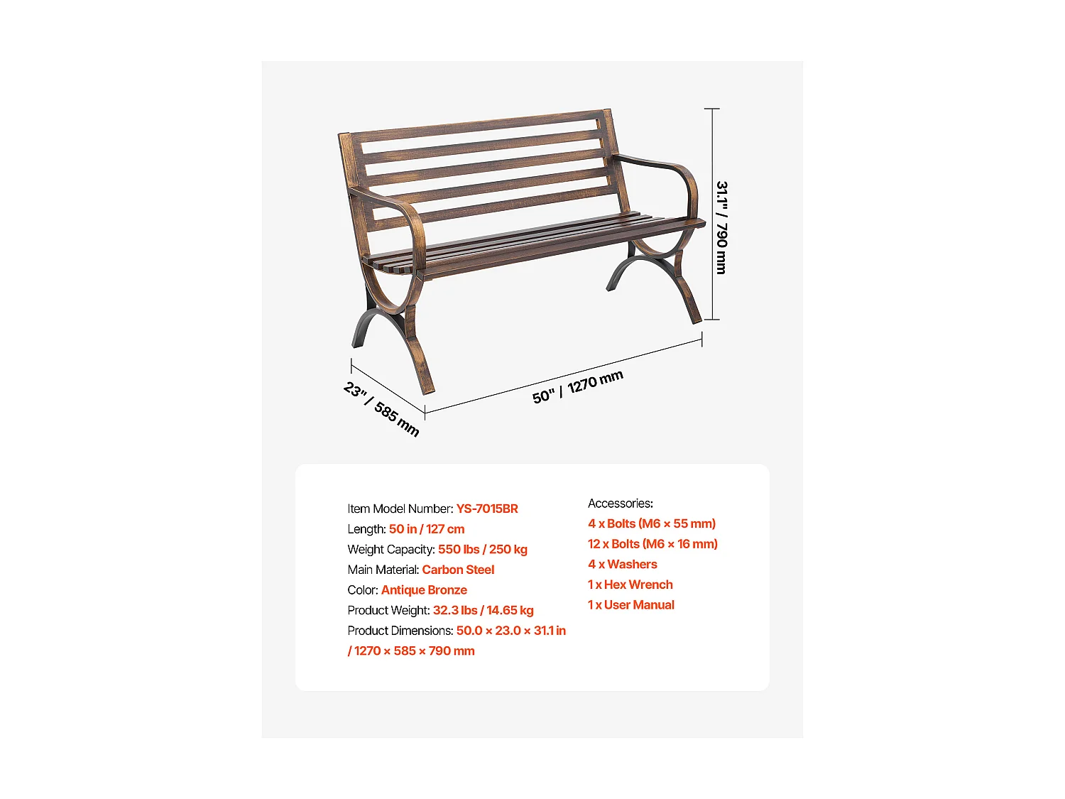 Banco de Jardín SucceBuy, 127 cm, Banco de Exterior de Acero al Carbono con Respaldo de Listones y Reposabrazos de Bordes Redondeados, Banco Exterior