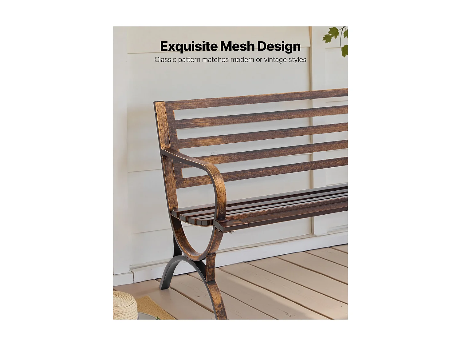 Banco de Jardín SucceBuy, 127 cm, Banco de Exterior de Acero al Carbono con Respaldo de Listones y Reposabrazos de Bordes Redondeados, Banco Exterior