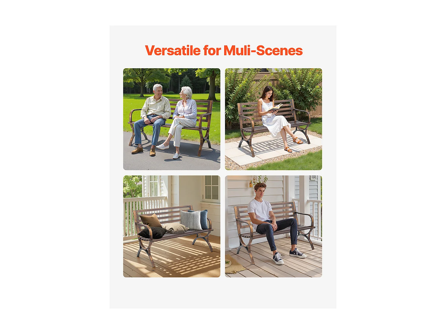 Banco de Jardín SucceBuy, 127 cm, Banco de Exterior de Acero al Carbono con Respaldo de Listones y Reposabrazos de Bordes Redondeados, Banco Exterior