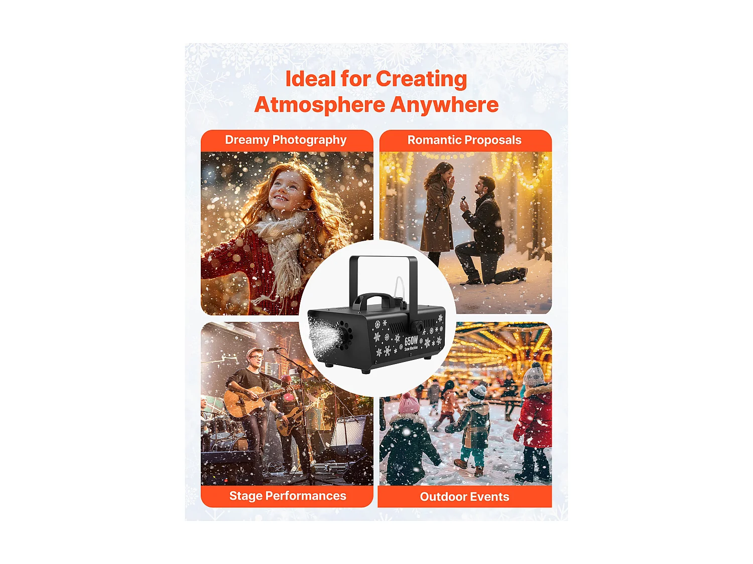 Maszyna do Śniegu SucceBuy, 650 W, Przenośny Wiszący Sztuczny Płatkośnieżarka, z Przenośną Rączką, dla DJ, Imprezy Świąteczne, Efekt Sceniczny