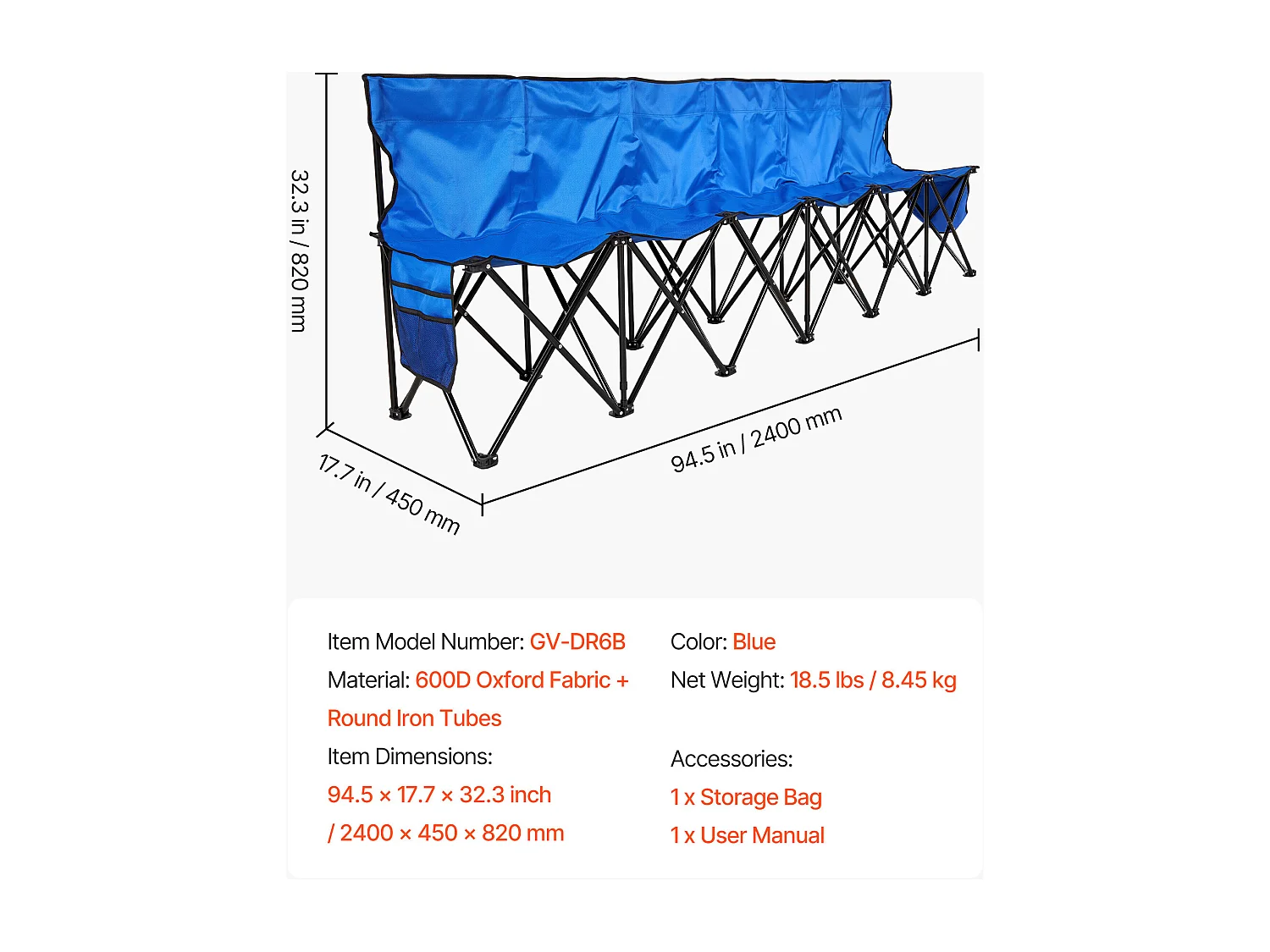 Klapbank SucceBuy, Draagbaar, 6 Zitplaatsen, Opvouwbare Campingbank met Opbergvakken en Draagtas, voor Buitenevenementen, Blauw