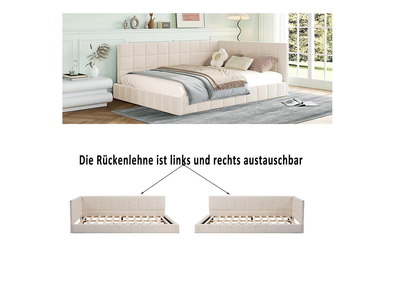 Gestoffeerde slaapbank 140x200 cm multifunctioneel in beige fluweel met lattenbodem