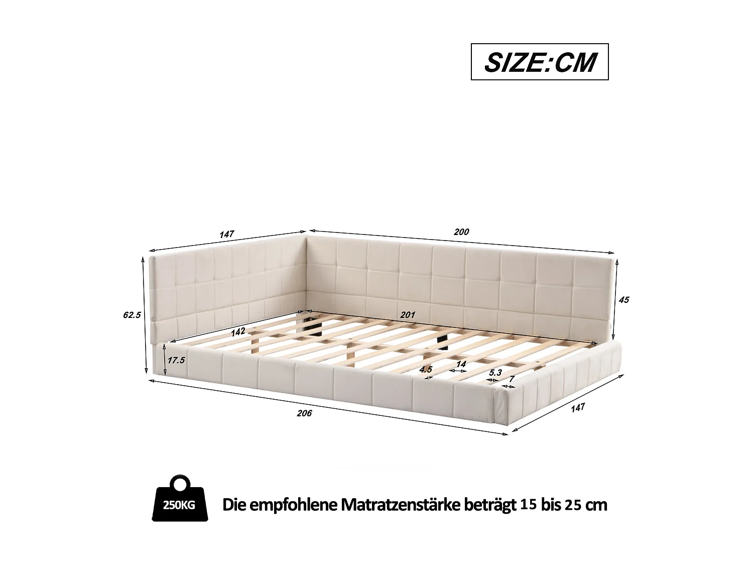 Canapé-lit rembourré 140x200 cm multifonction en velours beige avec sommier à lattes