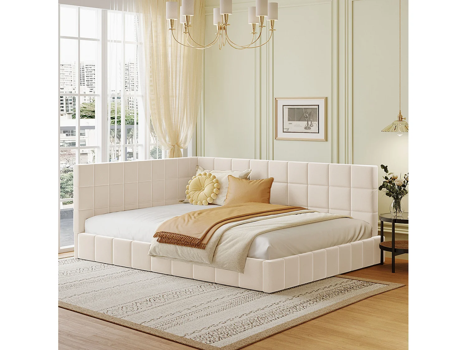 Canapé-lit rembourré 140x200 cm multifonction en velours beige avec sommier à lattes