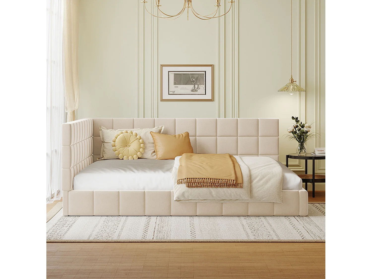 Canapé-lit rembourré 140x200 cm multifonction en velours beige avec sommier à lattes