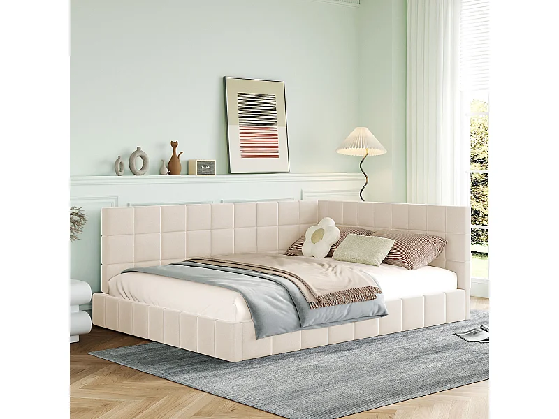 Sofá cama tapizado 140x200 cm multifuncional en terciopelo beige con somier de láminas