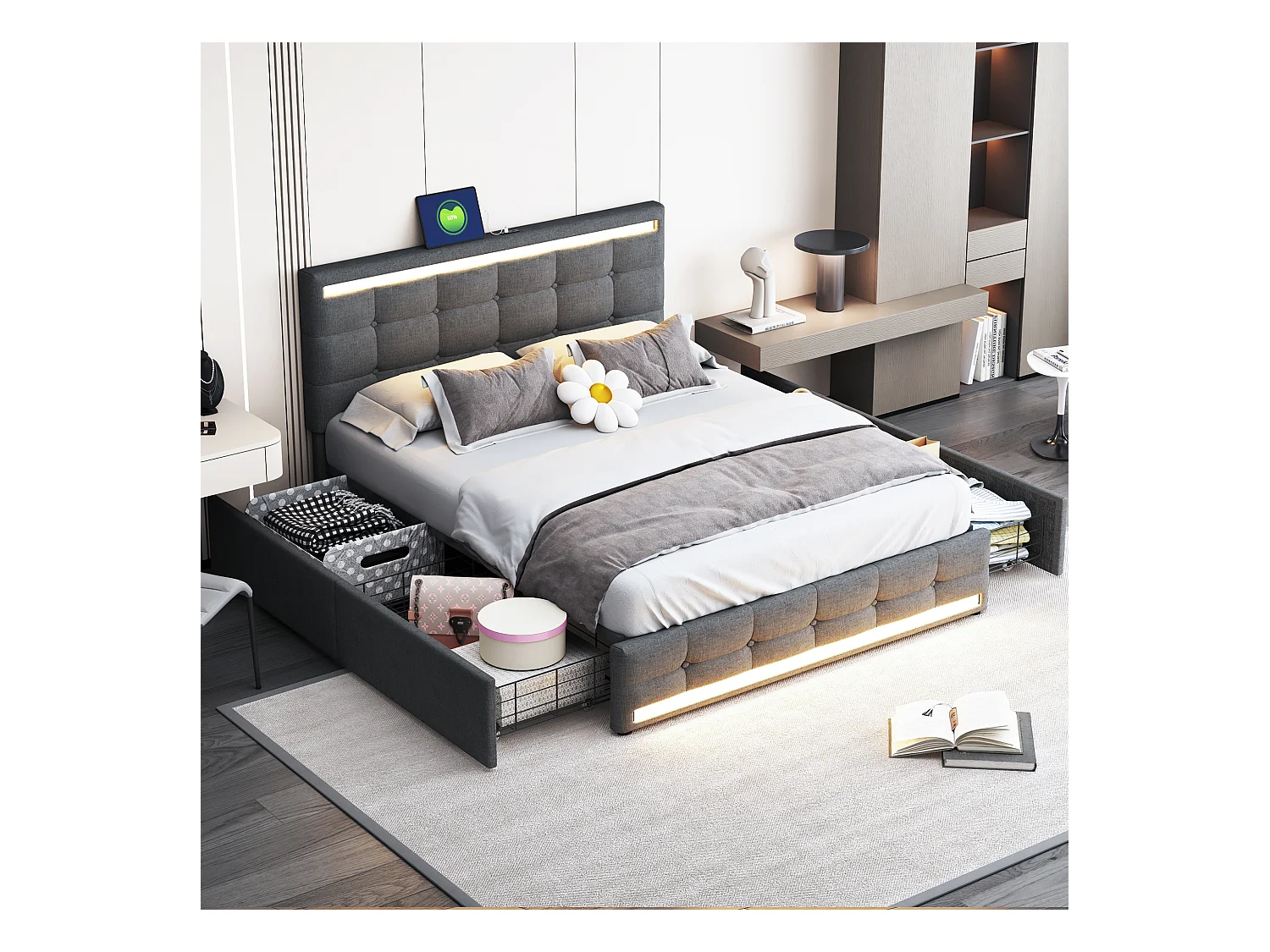 Cama de armazenamento de linho cinza de 140x200 cm com iluminação LED, 4 gavetas, 2 portas USB, cabeceira e peseira iluminadas