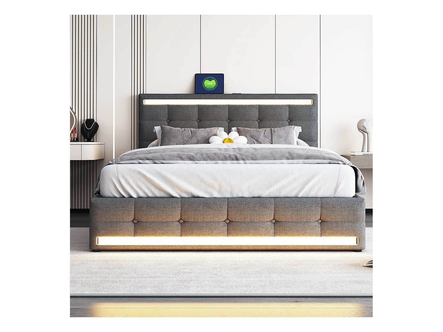 Cama de armazenamento de linho cinza de 140x200 cm com iluminação LED, 4 gavetas, 2 portas USB, cabeceira e peseira iluminadas