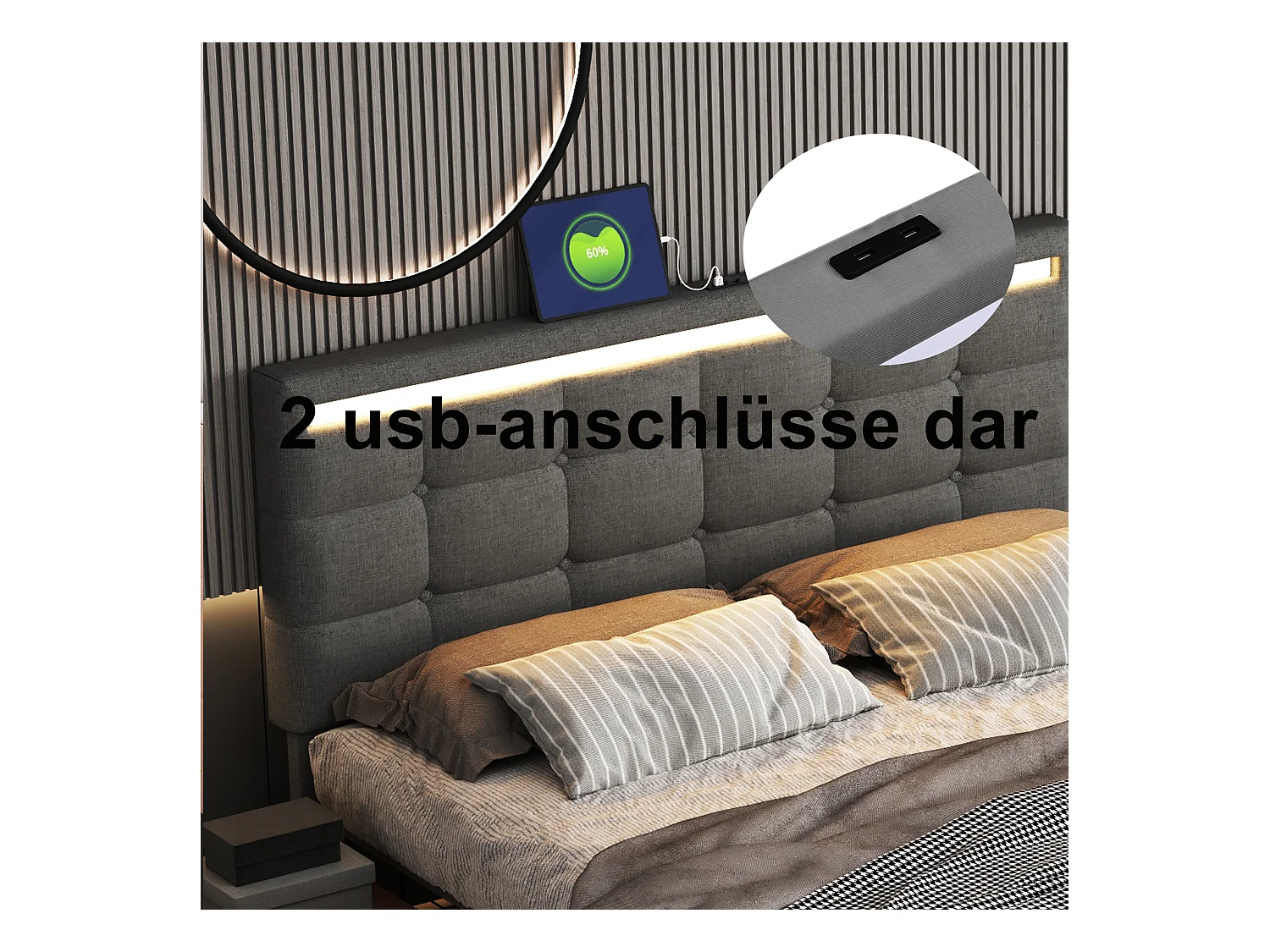 Cama de armazenamento de linho cinza de 140x200 cm com iluminação LED, 4 gavetas, 2 portas USB, cabeceira e peseira iluminadas