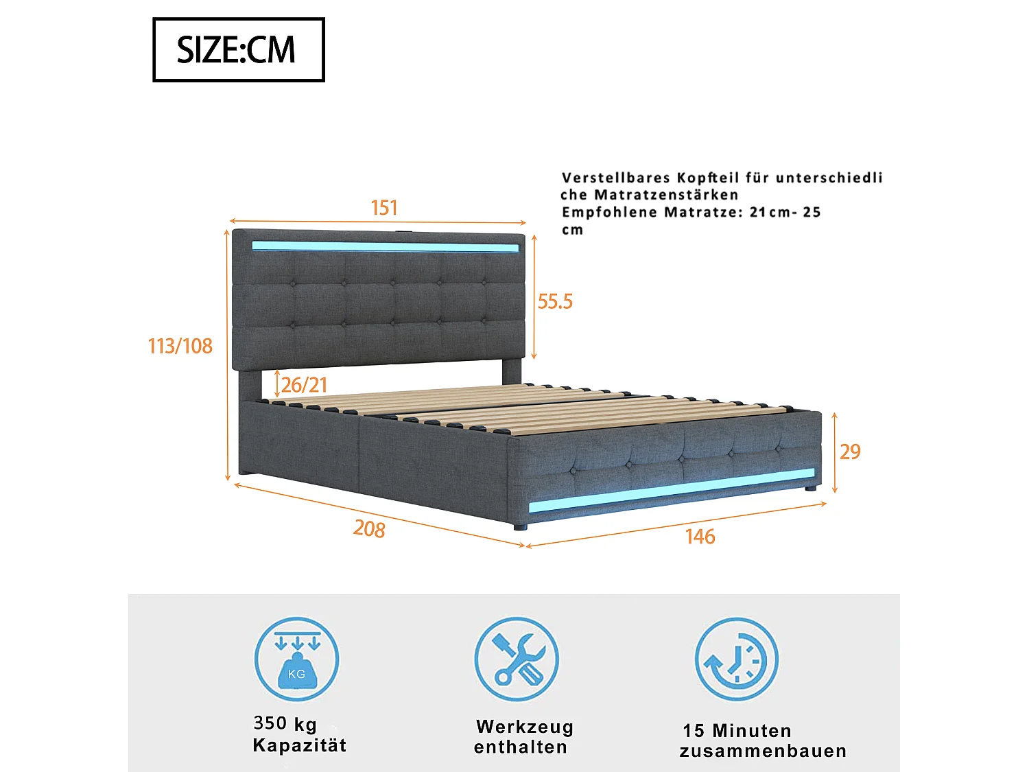140x200 cm grijs linnen opbergbed met ledverlichting, 4 lades, 2 USB-poorten, verlicht hoofdeinde en voeteneinde, gewatteerd platformframe met opbergruimte