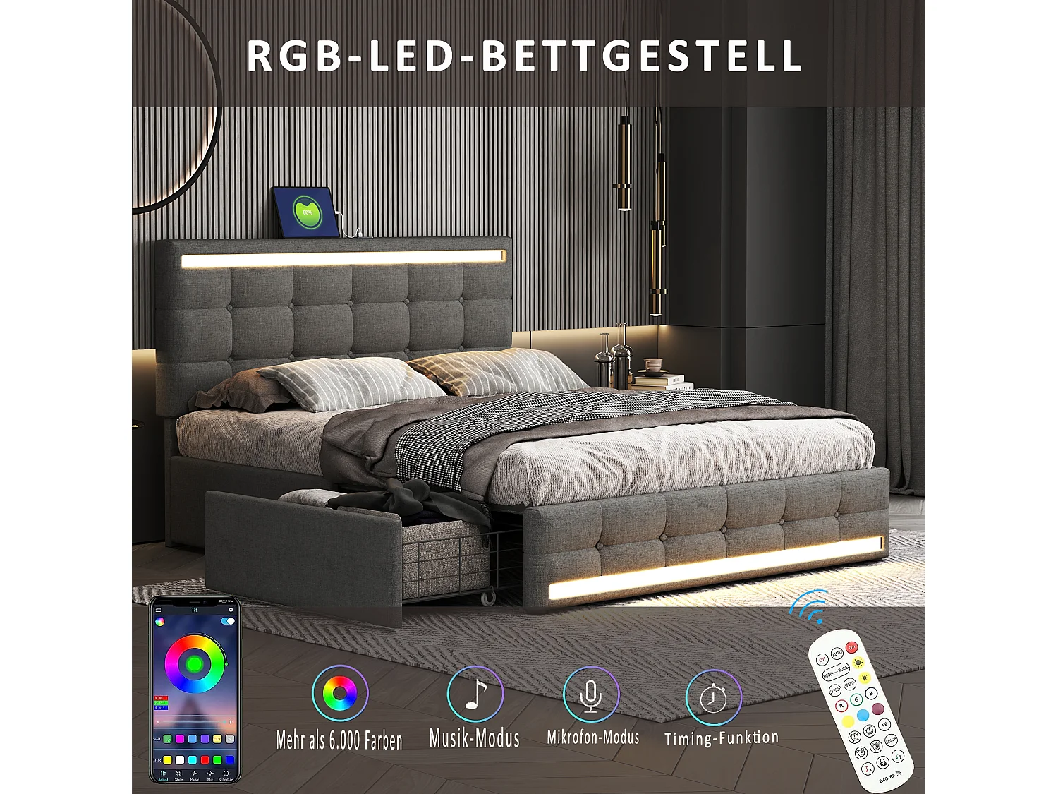 140x200 cm grijs linnen opbergbed met ledverlichting, 4 lades, 2 USB-poorten, verlicht hoofdeinde en voeteneinde, gewatteerd platformframe met opbergruimte