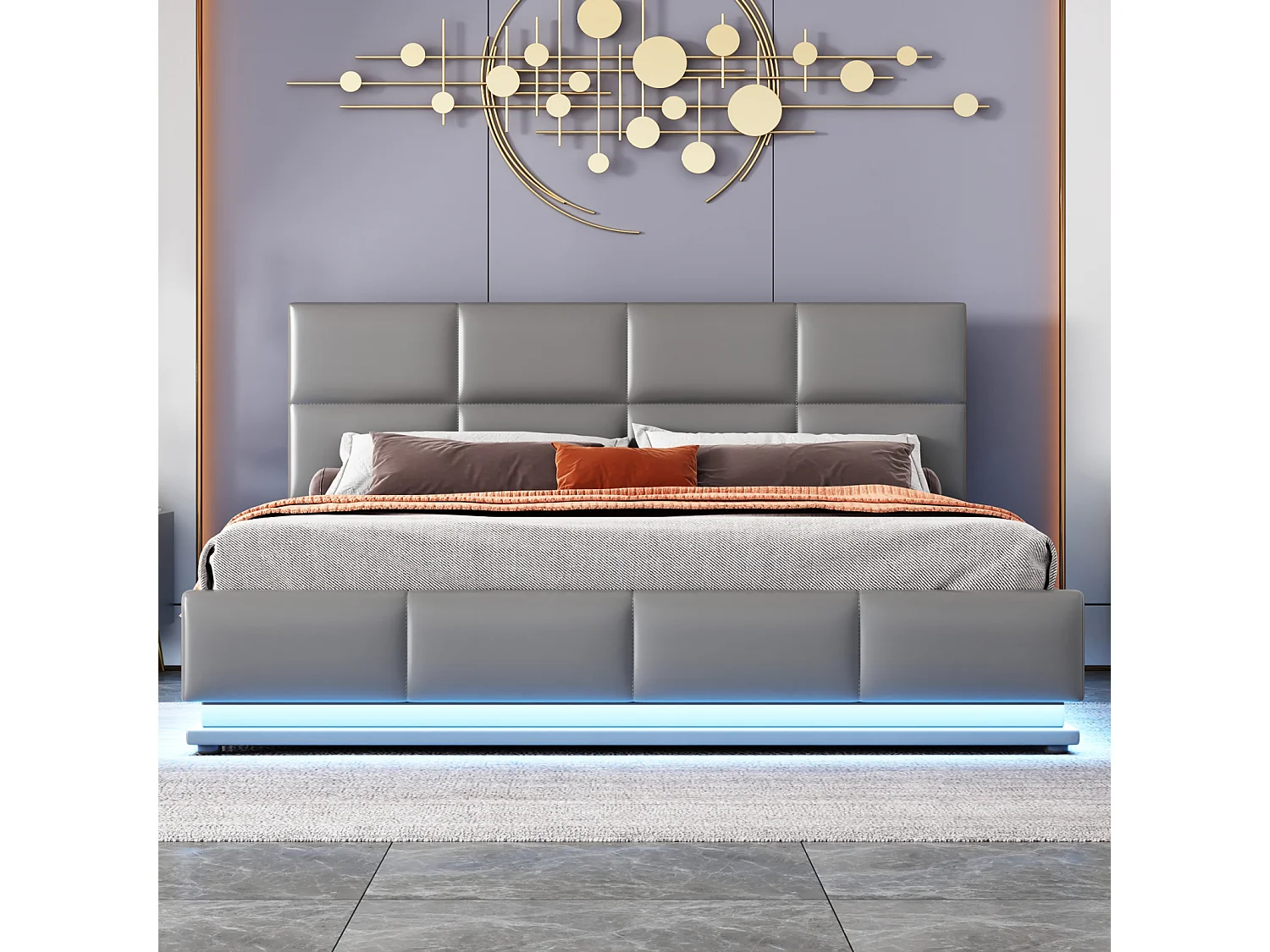 Lit rembourré 160x200 cm gris avec éclairage LED, sommier métallique à lattes, coffre de rangement hydraulique, tête de lit réglable en hauteur (sans matelas)