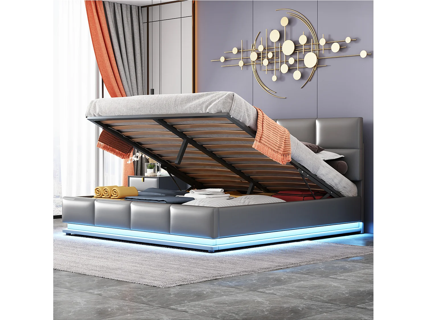 Lit rembourré 160x200 cm gris avec éclairage LED, sommier métallique à lattes, coffre de rangement hydraulique, tête de lit réglable en hauteur (sans matelas)