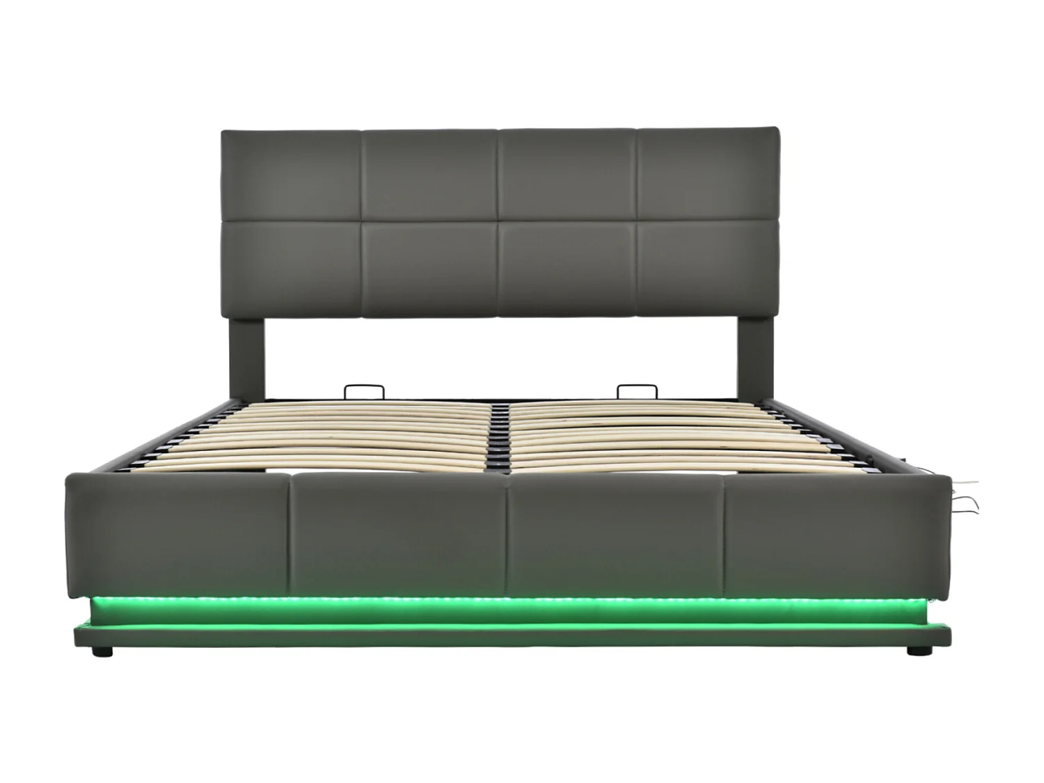 Lit rembourré 160x200 cm gris avec éclairage LED, sommier métallique à lattes, coffre de rangement hydraulique, tête de lit réglable en hauteur (sans matelas)