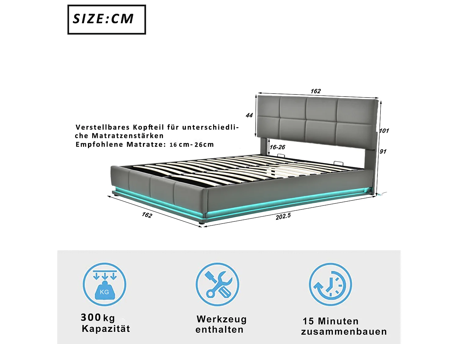 Lit rembourré 160x200 cm gris avec éclairage LED, sommier métallique à lattes, coffre de rangement hydraulique, tête de lit réglable en hauteur (sans matelas)