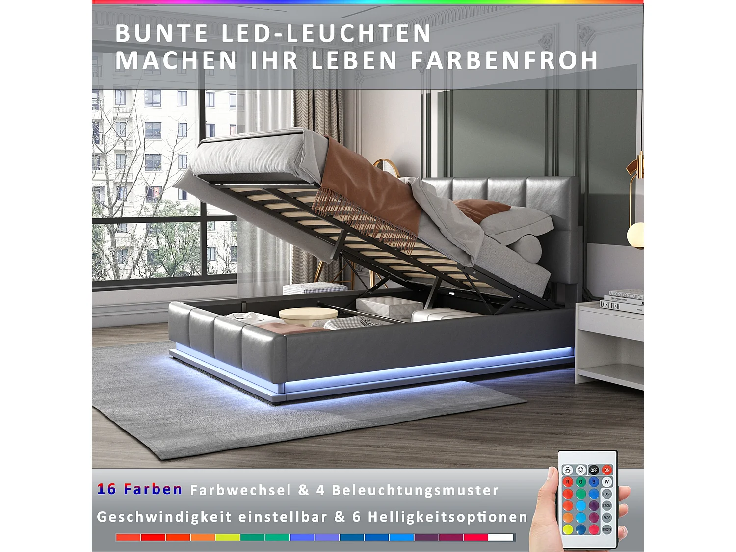 Lit rembourré 160x200 cm gris avec éclairage LED, sommier métallique à lattes, coffre de rangement hydraulique, tête de lit réglable en hauteur (sans matelas)