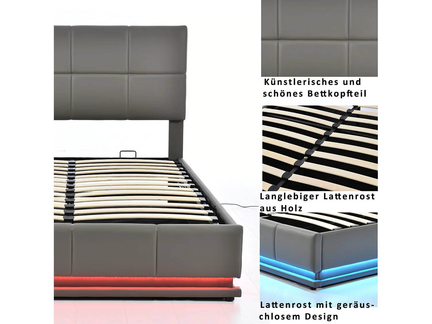 Lit rembourré 160x200 cm gris avec éclairage LED, sommier métallique à lattes, coffre de rangement hydraulique, tête de lit réglable en hauteur (sans matelas)