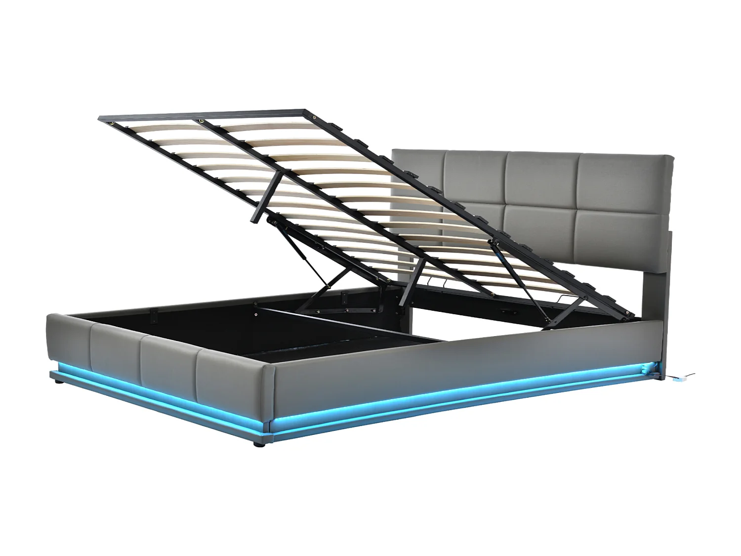 Lit rembourré 160x200 cm gris avec éclairage LED, sommier métallique à lattes, coffre de rangement hydraulique, tête de lit réglable en hauteur (sans matelas)