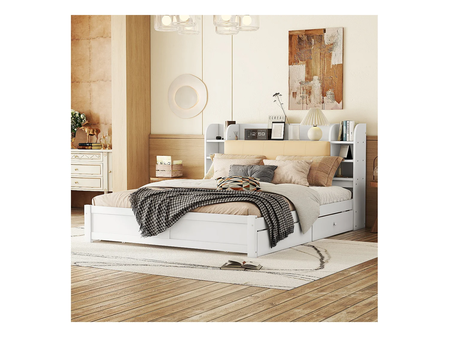 Cama plana 180x200 cm blanca, cabecero parcialmente elevado, 4 cajones y múltiples espacios de almacenaje integrados