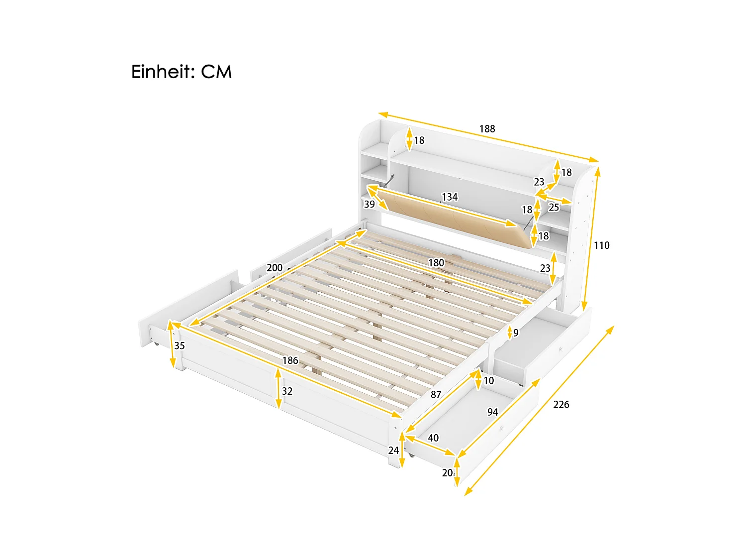 Cama plana 180x200 cm blanca, cabecero parcialmente elevado, 4 cajones y múltiples espacios de almacenaje integrados