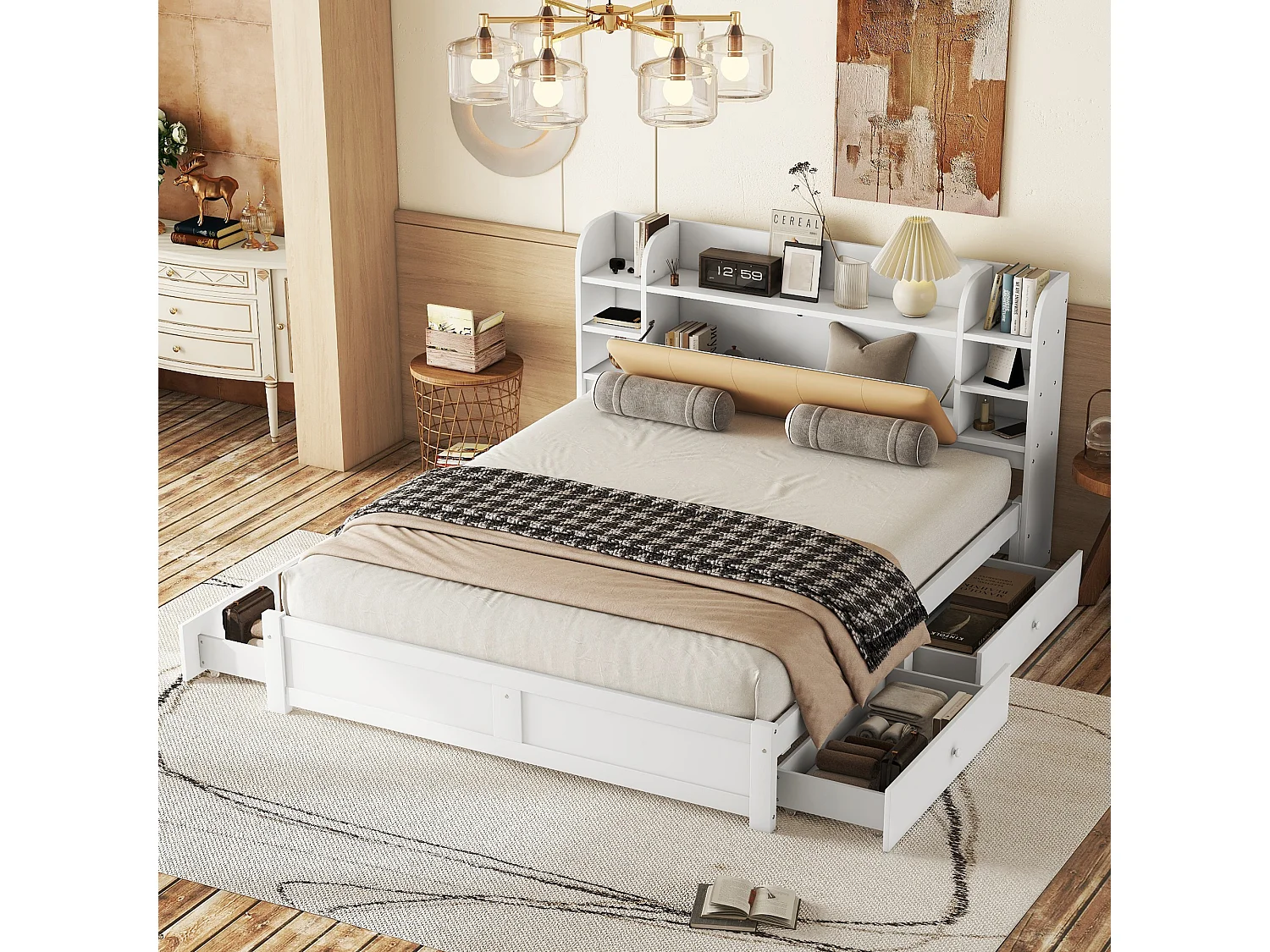 Lit plat 180x200 cm blanc, tête de lit partiellement relevable, 4 tiroirs et multiples rangements intégrés