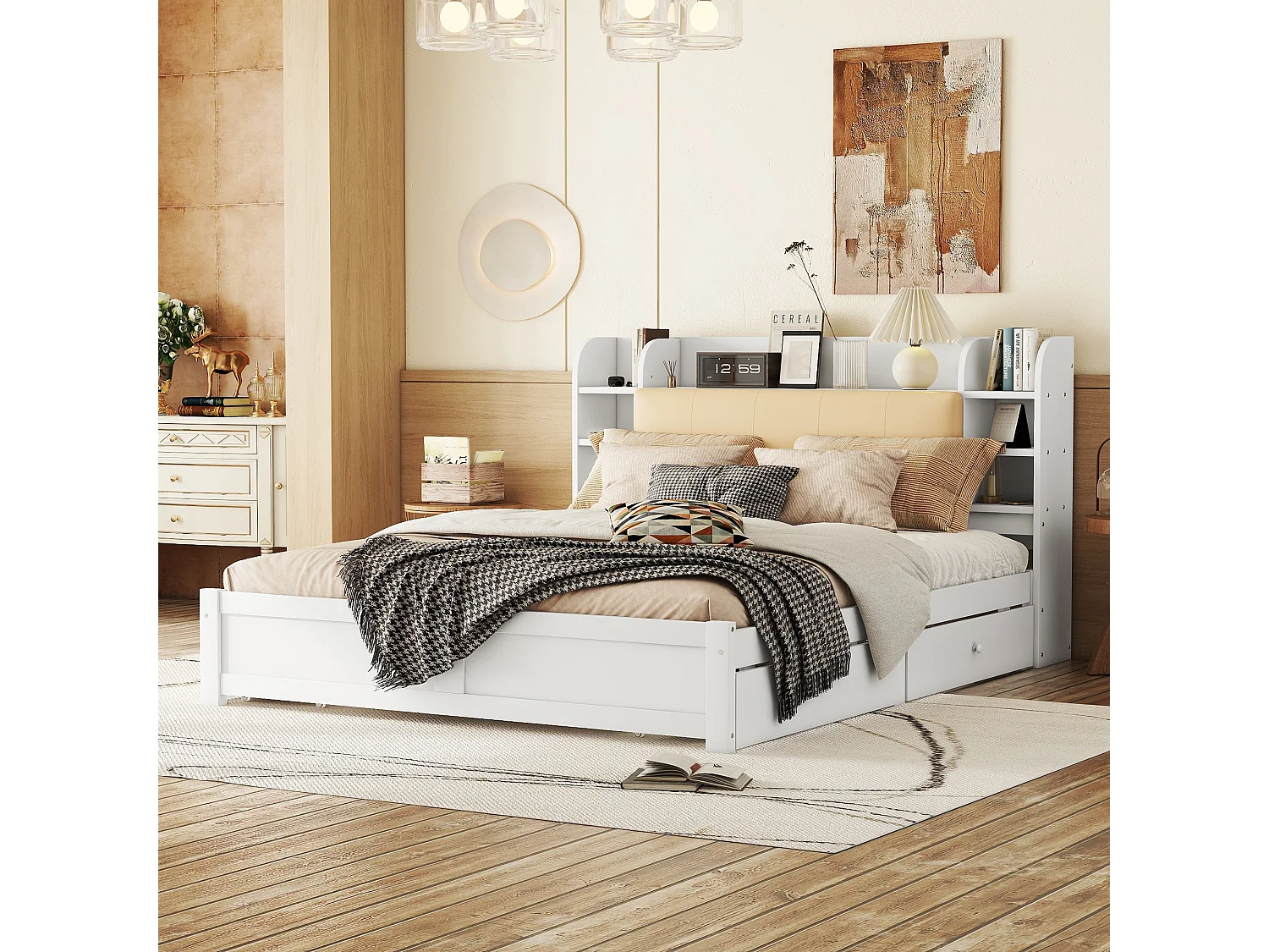 Lit plat 180x200 cm blanc, tête de lit partiellement relevable, 4 tiroirs et multiples rangements intégrés