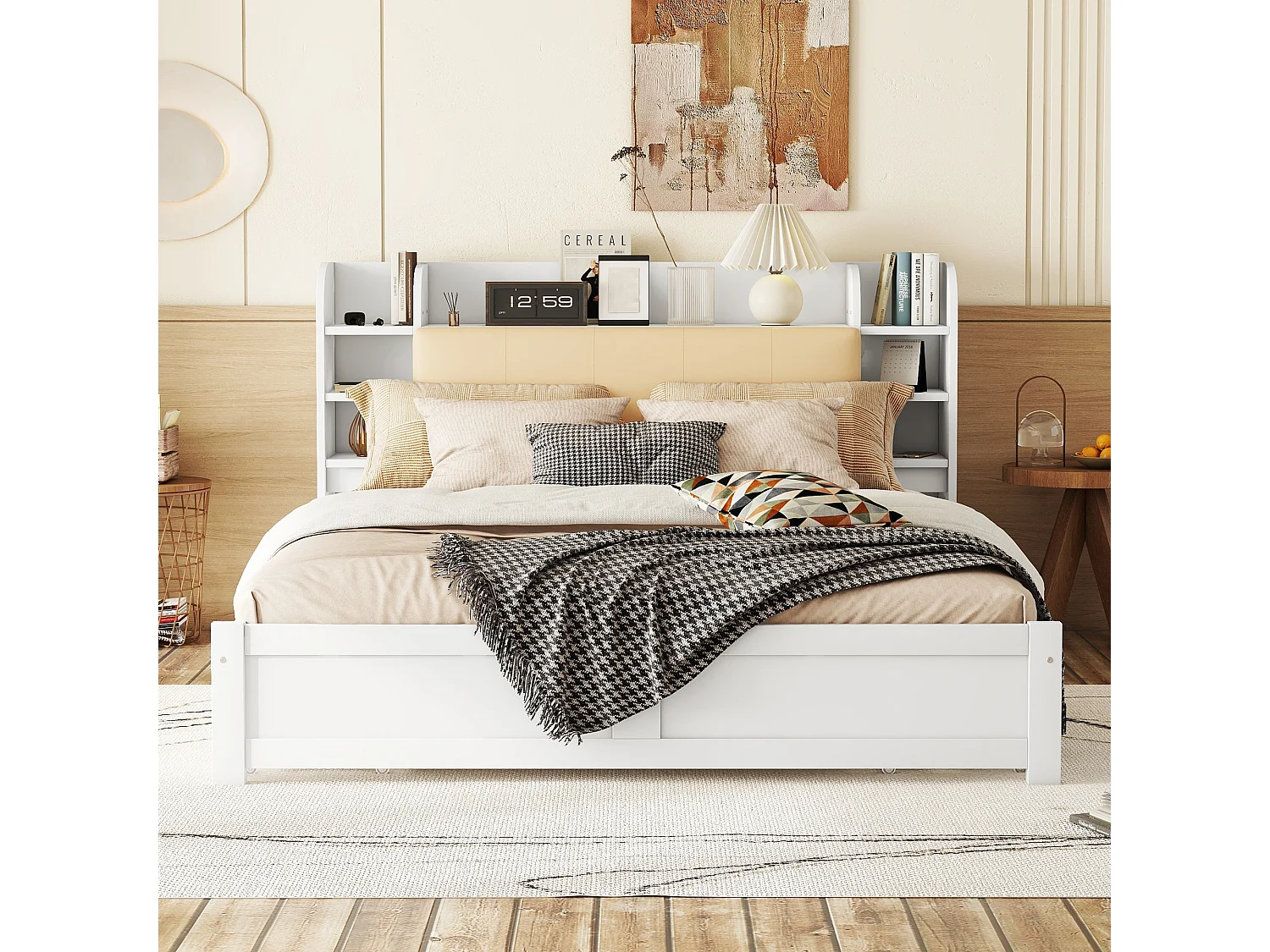 Lit plat 180x200 cm blanc, tête de lit partiellement relevable, 4 tiroirs et multiples rangements intégrés