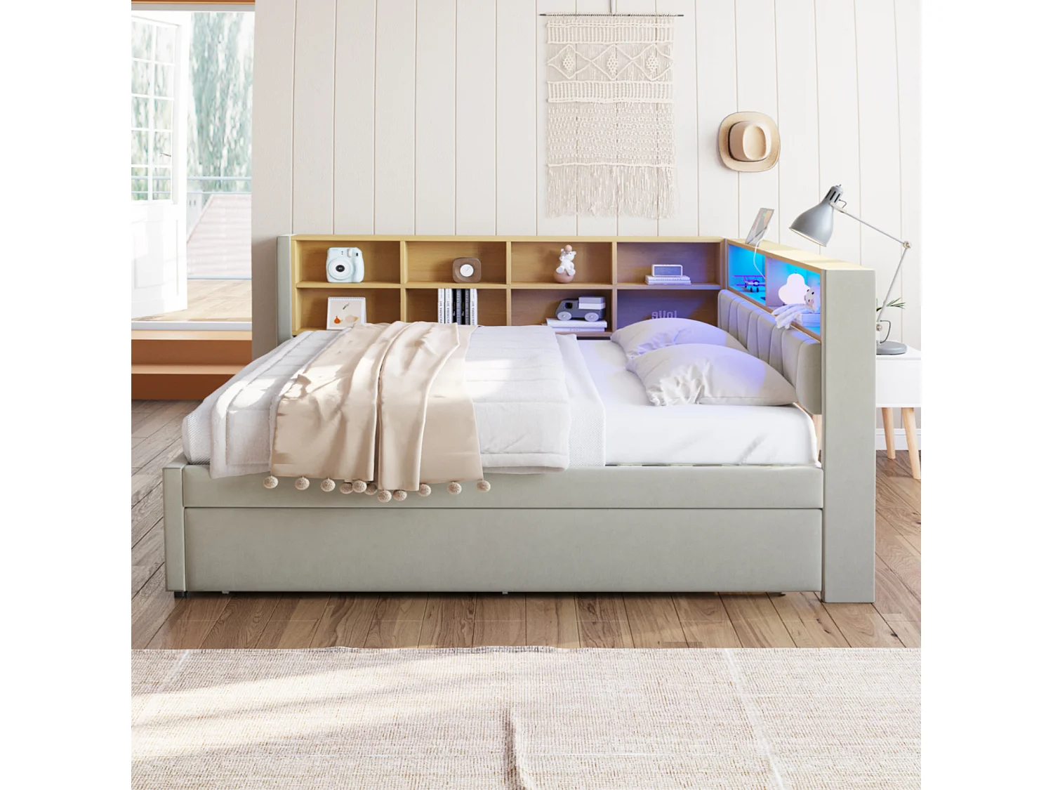 140x200 cm hellgraues Flanell-Schlafsofa, 90x190 cm Ausziehbett, LED-Beleuchtung, USB-Anschlüsse, mehrere Ablagemöglichkeiten, multifunktionales Polster-Einzelbett