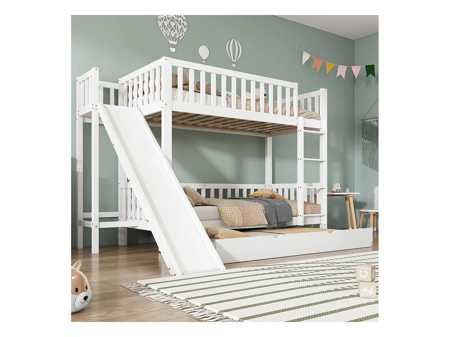 Lit superposé avec lit gigogne 90x200/190 cm blanc, barrières de sécurité, toboggan, étagères, échelle droite 4 marches, bois pin + MDF