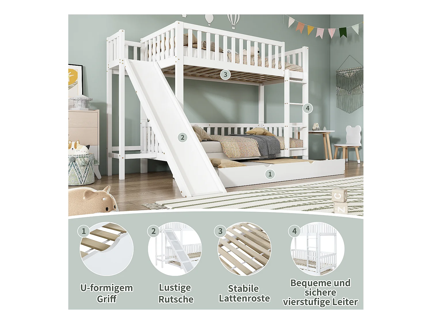 Lit superposé avec lit gigogne 90x200/190 cm blanc, barrières de sécurité, toboggan, étagères, échelle droite 4 marches, bois pin + MDF