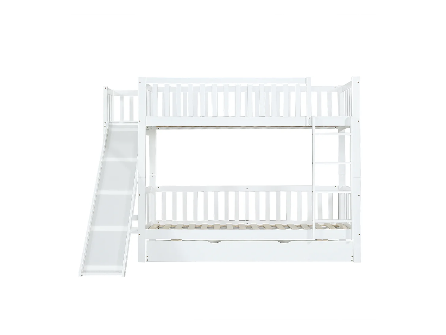 Lit superposé avec lit gigogne 90x200/190 cm blanc, barrières de sécurité, toboggan, étagères, échelle droite 4 marches, bois pin + MDF